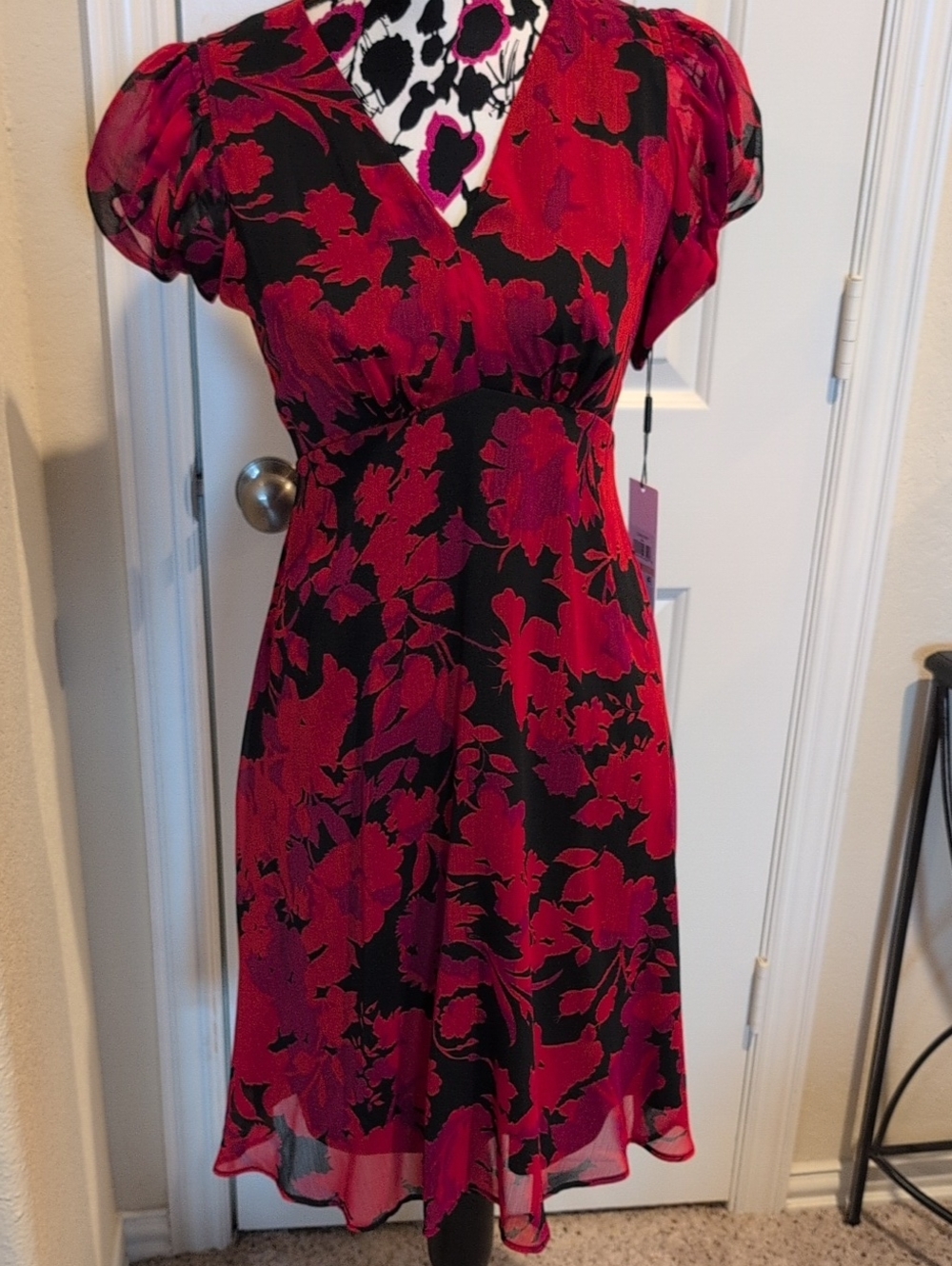 Calvin Klein Flirty Black Dress with Red Floral Print Size 2 NWT